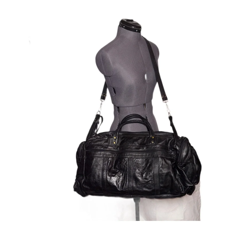 Vintage Leather Duffle Bag‎ Grunge Black Patchwork Suede 12.5x24x6 XL Weekender